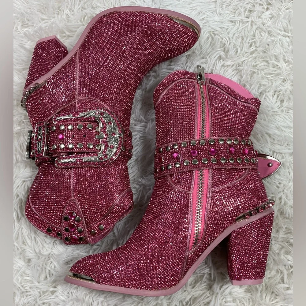 CLUB EXX Pink Sheriff Shine Rhinestone Cowboy Boots Ankle Booties Heeled Size 8 - Picture 6 of 13